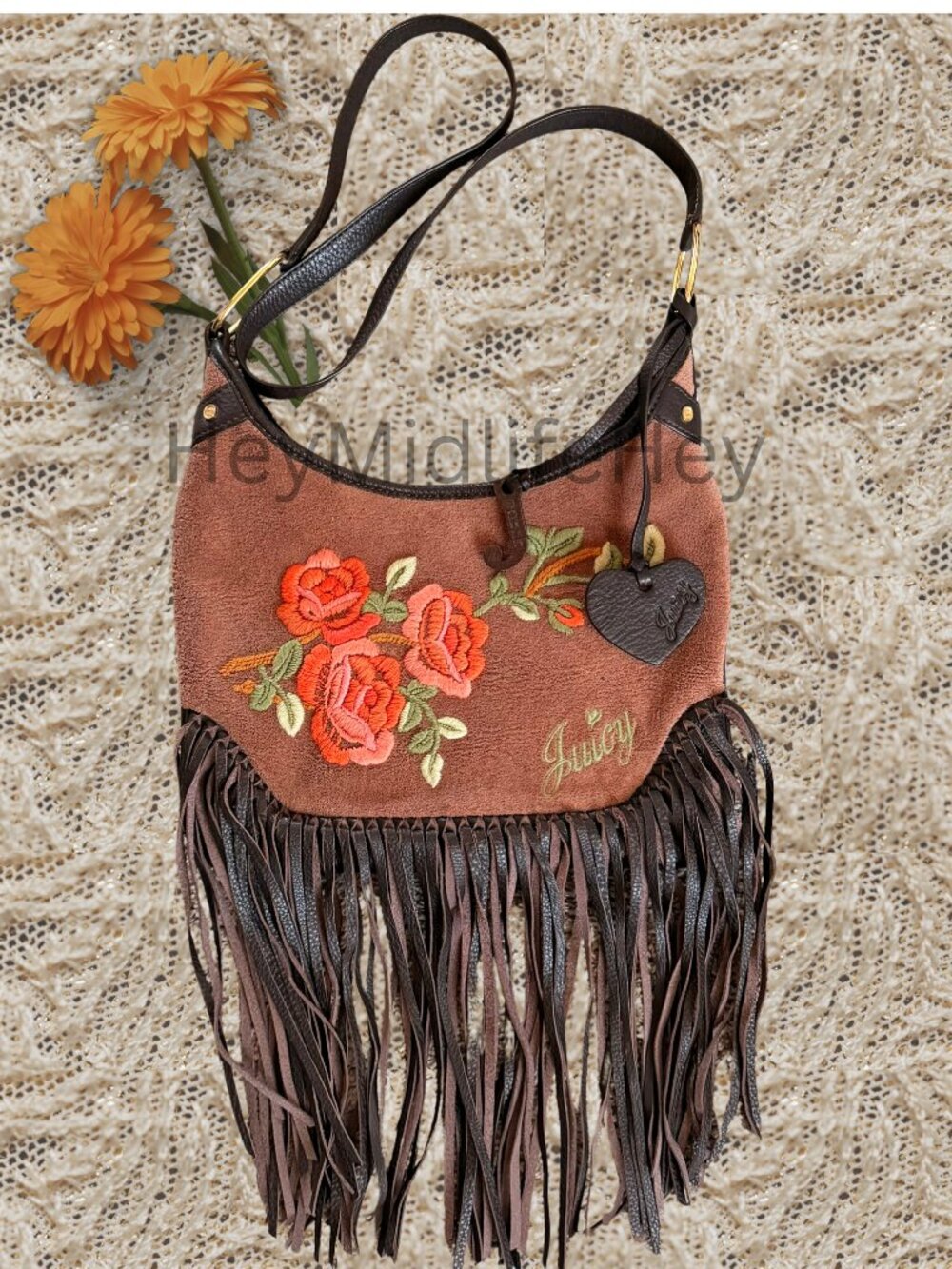 Rare Vintage Y2K Juicy Couture Embroidered Fringe Terrycloth Hobo Bag Boho